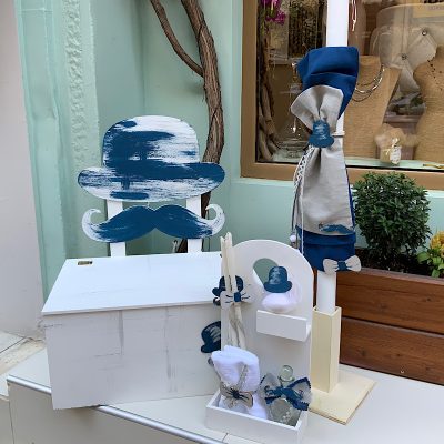 Πακέτο βάπτισης για αγόρι με ξύλινο παγκάκι με θέμα “little man” 