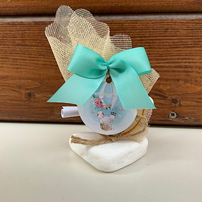 Μπομπονιέρα βάπτισης βότσαλο με θέμα "αερόστατο"