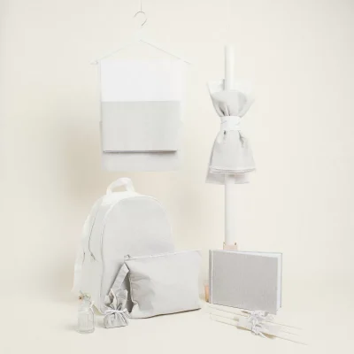 ΣΕΤ ΒΑΠΤΙΣΗΣ ΜΕ BACKPACK ΜΕ ΥΦΑΣΜΑ ΣΕ ΑΣΗΜΙ ΓΚΡΙ LUREX