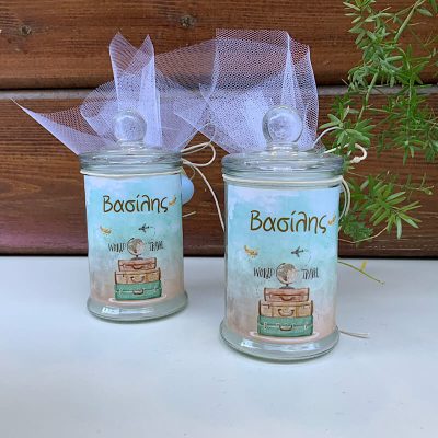 Μπομπονιέρα βάπτισης κερί σε γυάλινο βάζο με καπάκι