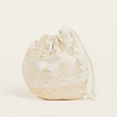 Πουγκί οβάλ με κορδόνι ζακάρ παραδοσιακό με χρυσά Χριστουγεννιάτικα σχέδια