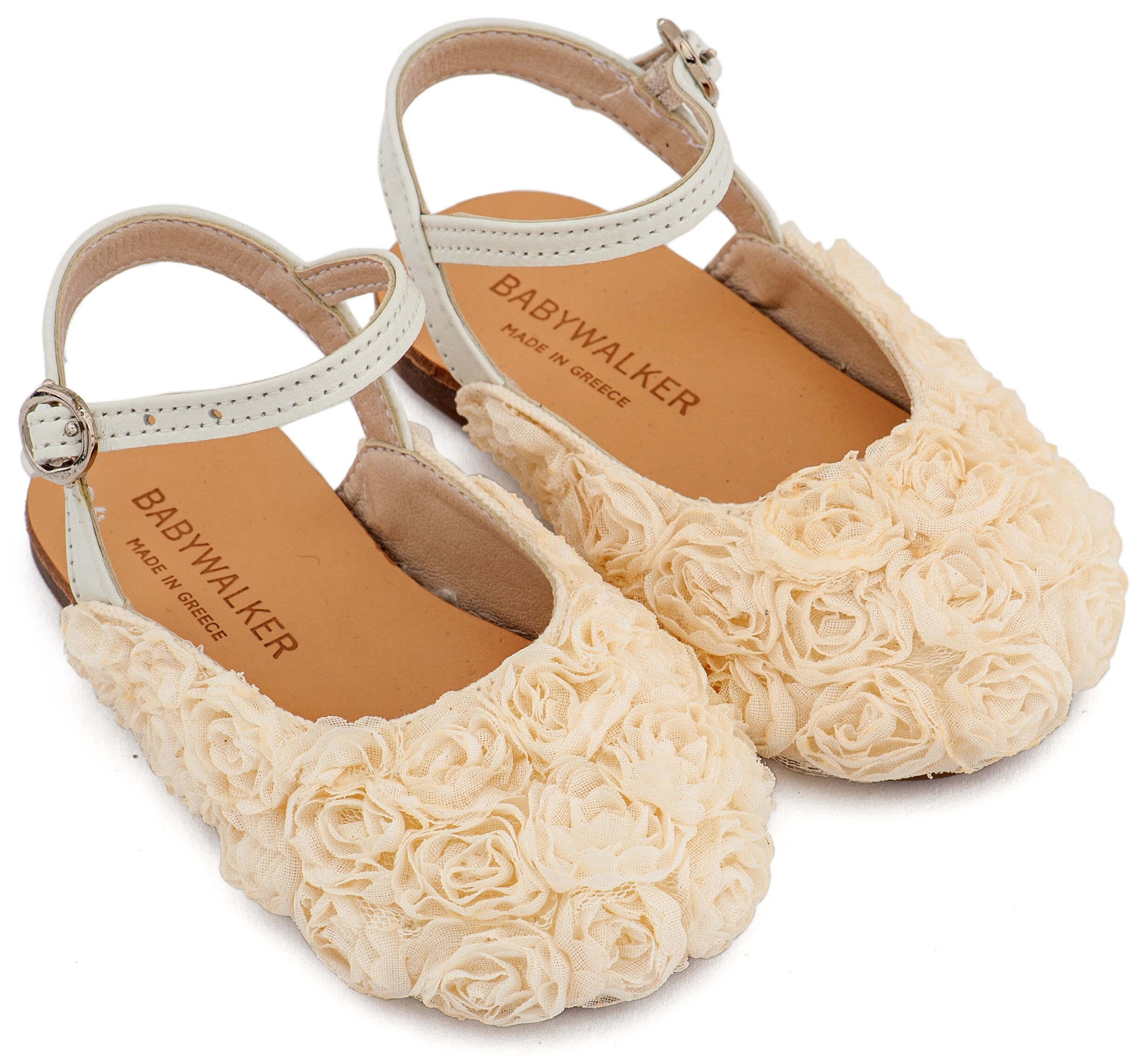 Γαλλικό Σαμπό με Chiffon Λουλούδια BW4884 Εκρού Δερμάτινο γαλλικό σαμπό διακοσμημένο oλόγυρα με chiffon λουλούδια, σε εκρού χρώμα