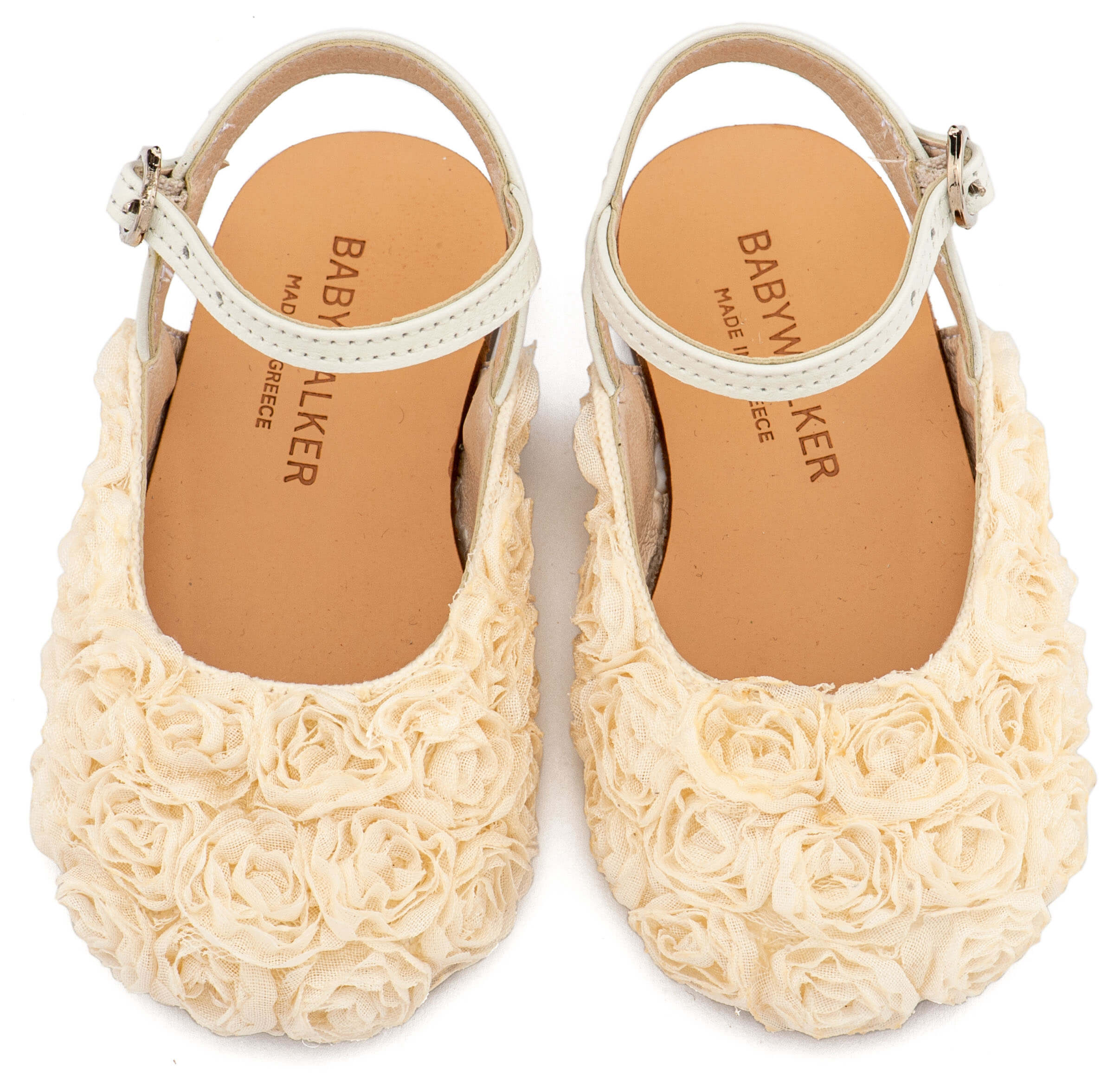 Γαλλικό Σαμπό με Chiffon Λουλούδια BW4884 Εκρού Δερμάτινο γαλλικό σαμπό διακοσμημένο oλόγυρα με chiffon λουλούδια, σε εκρού χρώμα