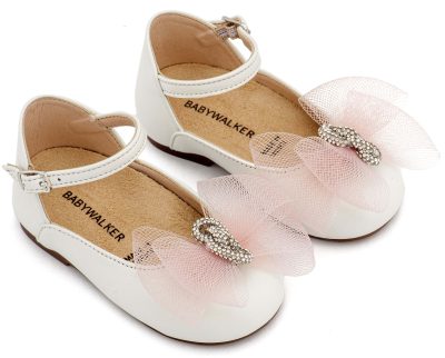 Δερμάτινο γαλλικό γοβάκι με χειροποίητο φιόγκο κρένα και στρας, σε εκρού - ροζ χρώμα