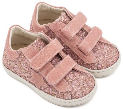 Sneaker με διπλό "χρατς" απο glitter και δέρμα, με αστέρι στο πλάι, σε ροζ αντικέ χρώμα