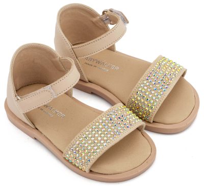 Δερμάτινο Πέδιλο Διακοσμημένο με Στρας σε Μπεζ Χρώμα 